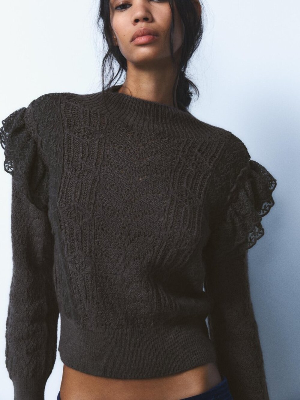 Zara Gray Lace Ruffle Trim Mockneck Cropped Sweater - Picture 1 of 8